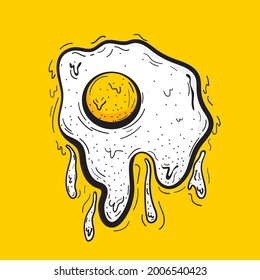 hand drawn illustration fried egg flowing to the ground Front. Fresh yellow background.