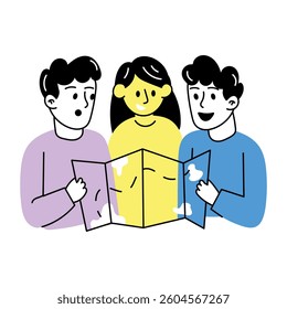 Hand drawn illustration of friends doing treasure hunt adventure