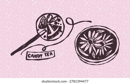 Hand drawn illustration of a fruit candy tea on a stick and a cup of herbal tea with flowers. Line art doodle on a pink background, perfect for cafe menus or creative tea shop branding