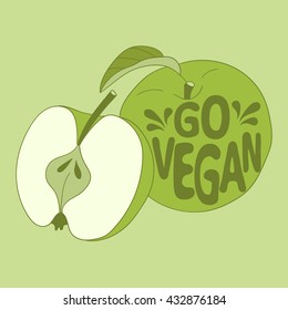 Hand drawn illustration with fruit and lettering. Sketch background vector. Poster design Go vegan. Graphic backdrop with healthy food