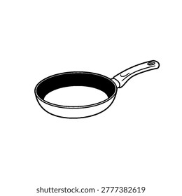 Hand drawn illustration of a frying pan with teflon coating, metal kitchen utensils for cooking.