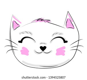 Hand drawn illustration of a funny cat girl face in a flower chain, with text Meow. Isolated objects on white background. Design concept for children.