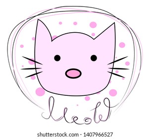 Hand drawn illustration of a funny cat face in a chain, with text Meow. Design concept for children.