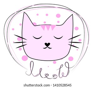 Hand drawn illustration of a funny cat face in a chain, with text Meow. Design concept for children.