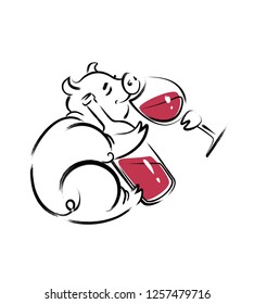 Hand drawn illustration of a funny cute piggy with bottle and glass of wine