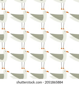 Hand drawn illustration of funny cute seagull seamless pattern. Nautical, sea theme for backgrounds, backdrops, fabrics and wrapping paper.