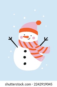 Hand Drawn Illustration With Funny Snowman In A Pink Hat And Striped Scarf. Light Blue Background With Snowflakes. Holiday Vector Design Perfect For Poster Or Greeting Card. Isolated Elements.