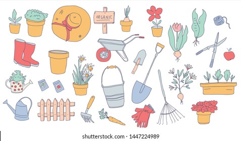 Hand drawn illustration of gardening elements: watering can, flower pot, plant, fence, carrot, water can in polka dot, garden tools, seeds, flowers, plants. Happy gardening design set. - Vector