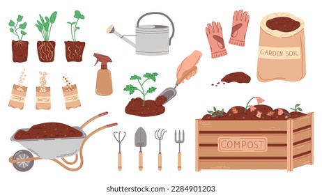 Ilustración dibujada a mano del conjunto de jardinería aislado sobre fondo blanco. Herramientas y otros objetos para la jardinería ecológica y la siembra. 