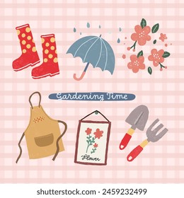 hand drawn illustration gardening theme collection set