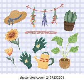 hand drawn illustration gardening theme collection set