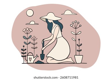 A hand drawn illustration of a gardening woman. Good for any project.