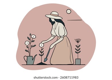 A hand drawn illustration of a gardening woman. Good for any project.