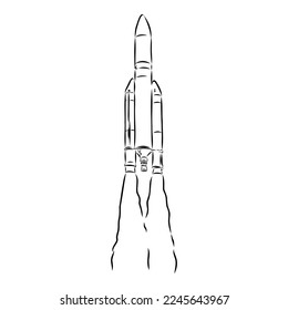 Hand drawn illustration of a geometric space shuttle. Design in dot art style with engraved elements. Sketch isolated on vintage background. Space rocket launch. Concept for start up, release etc.