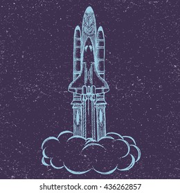 Hand drawn illustration of a geometric space shuttle. Design in dot art style with engraved elements. Sketch isolated on vintage background. Space rocket launch. Concept for start up, release etc.
