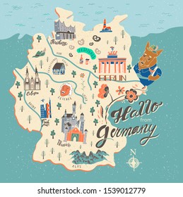 Hand drawn illustration of Germany map with tourist attractions. Travel  concept.