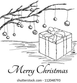 hand drawn illustration of gift box with baubles hanging on christmas tree branches.