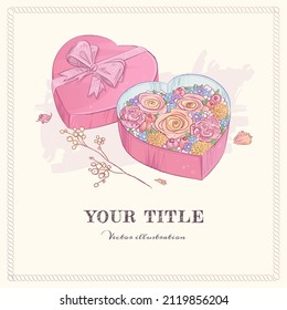Hand drawn illustration of gift box and flowers. Square greeting card design template