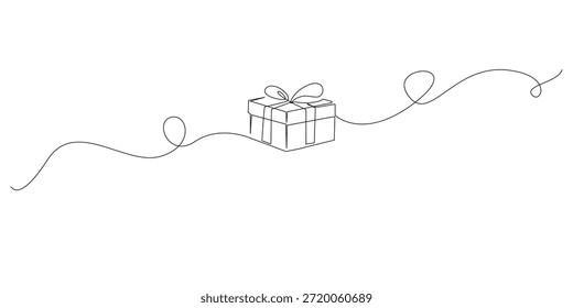 Ilustración dibujada a mano de una caja de regalo, dibujada en un estilo continuo de una sola línea para conceptos de celebración, sorpresa y ocasión especial.