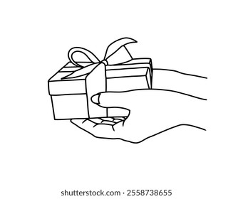 hand drawn illustration of a gift, made by hand through a line art drawing process in black and white