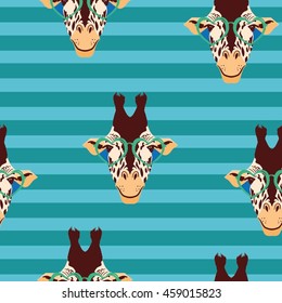 Hand drawn Illustration of Giraffe in Round Glasses. Vector,pattern.
