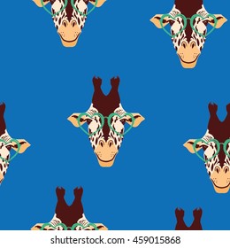 Hand drawn Illustration of Giraffe in Round Glasses. Vector,pattern.