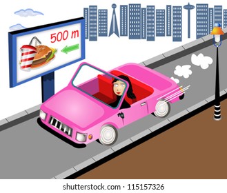 Hand Drawn Illustration Of A Girl Leaving A City In A Car.