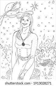 Hand drawn illustration with a girl neat the fire isolated on white background. Vector sketch illustration.