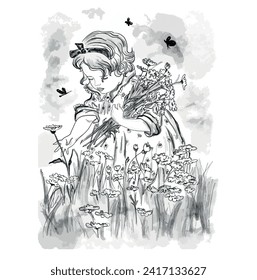 hand drawn illustration of a girl picking flowers in a field, drawing in vintage style for design of cards, children's books