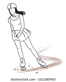 Hand drawn illustration of girl in roller skates. Vector line illustration. 