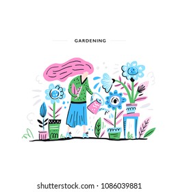 Hand drawn illustration of girl watering her home garden.