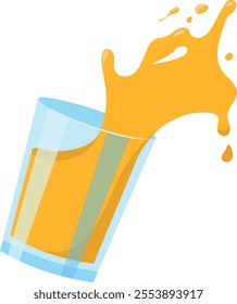 Hand drawn illustration of a glass with splashing orange juice. Flat vector drawing of drink in cartoon stylisation. Pouring fresh lemonade