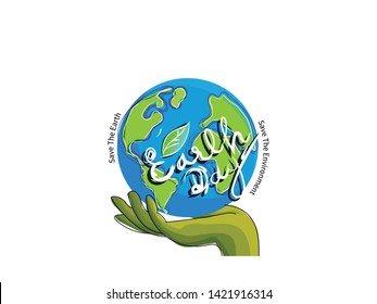 Hand drawn illustration with globe on green,April 22nd Earth day illustration conceptual 