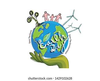 Hand drawn illustration with globe on green,April 22nd Earth day illustration conceptual 