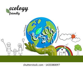 Hand drawn illustration with globe on green,April 22nd Earth day illustration conceptual 
