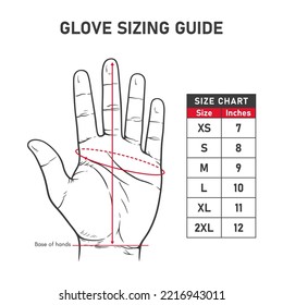 Hand drawn illustration of hand glove sizing guide and charts