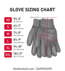 Ilustración dibujada a mano de la guía de tallas del guante de mano y tablas