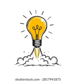 A hand drawn illustration of a glowing yellow light bulb taking off like a rocket ship with smoke clouds and rays of light symbolizing a new idea or startup launch