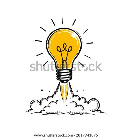 A hand drawn illustration of a glowing yellow light bulb taking off like a rocket ship with smoke clouds and rays of light symbolizing a new idea or startup launch