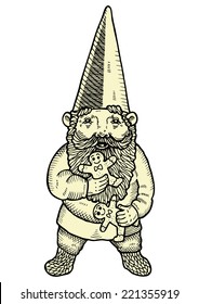 Hand drawn illustration of gnome eating gingerbread man.