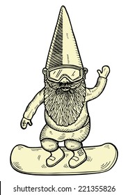 Hand drawn illustration of gnome snowboarding.