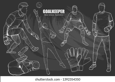 Hand Drawn Illustration Of Goalkeeper Set On Blackboard.