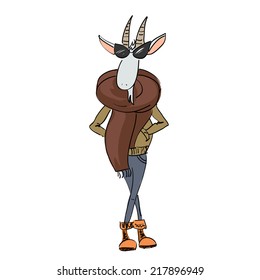 Hand drawn illustration of a goat dressed in a casual style, a symbol of 2015