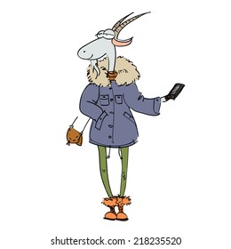 Hand drawn illustration of a goat dressed in a casual style makes selfie, vector