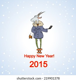 Hand drawn illustration of a goat dressed in a casual style makes selfie, Christmas card