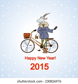 Hand drawn illustration of a goat dressed in a casual style, makes self near a bicycle