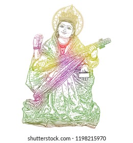 Hand drawn illustration of Goddess Saraswati for Vasant Panchami Puja of India. Goddess of learning, music, art and wisdom. Vector.