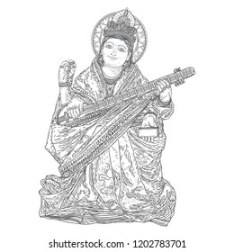 Hand drawn illustration of Goddess Saraswati for Vasant Panchami Puja of India. Goddess of learning, music, art and wisdom. Vector.