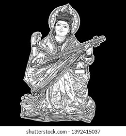 Hand drawn illustration of Goddess Saraswati for Vasant Panchami Puja of India. Goddess of learning, music, art and wisdom. Vector.