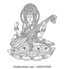Hand drawn illustration of Goddess Saraswati for Vasant Panchami Puja of India. Goddess of learning, music, art and wisdom. Vector.